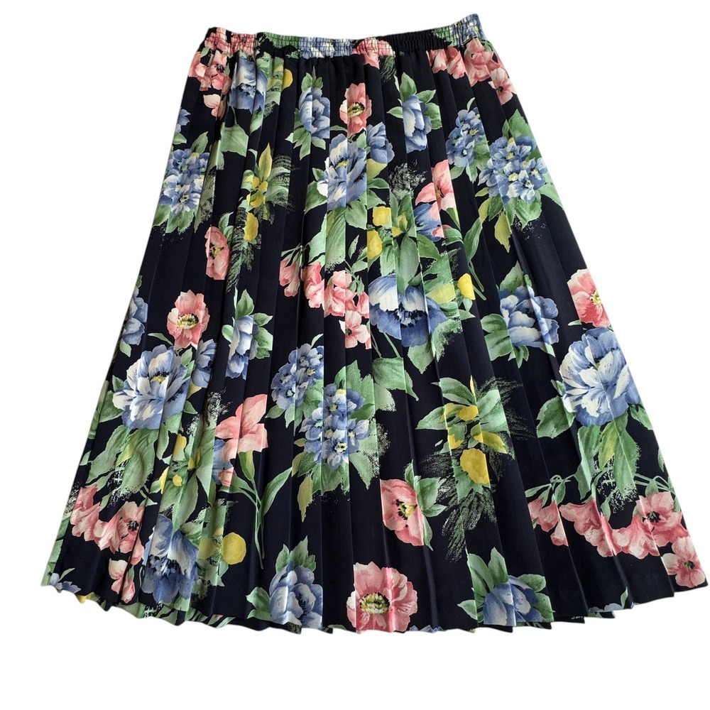 Alfred Dunner Floral Pleated Midi Skirt Womens 12P Navy Blue Pink Elastic Waist - Picture 2 of 9